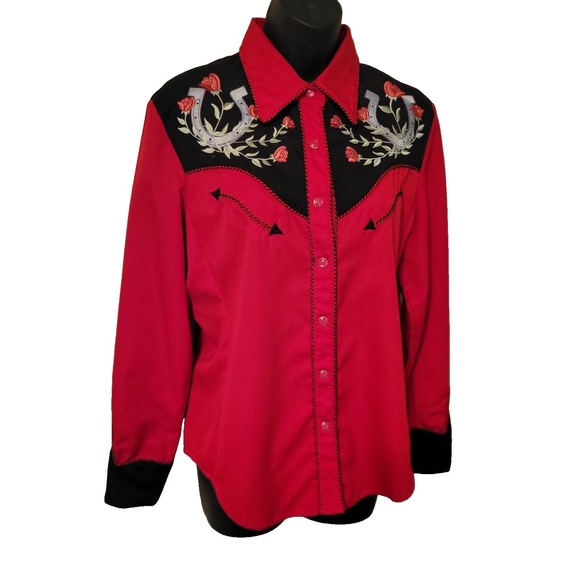 Scully Shirt Red Western Snap on Smile Pockets Pearl Snap Rose Floral-M - Picture 8 of 12